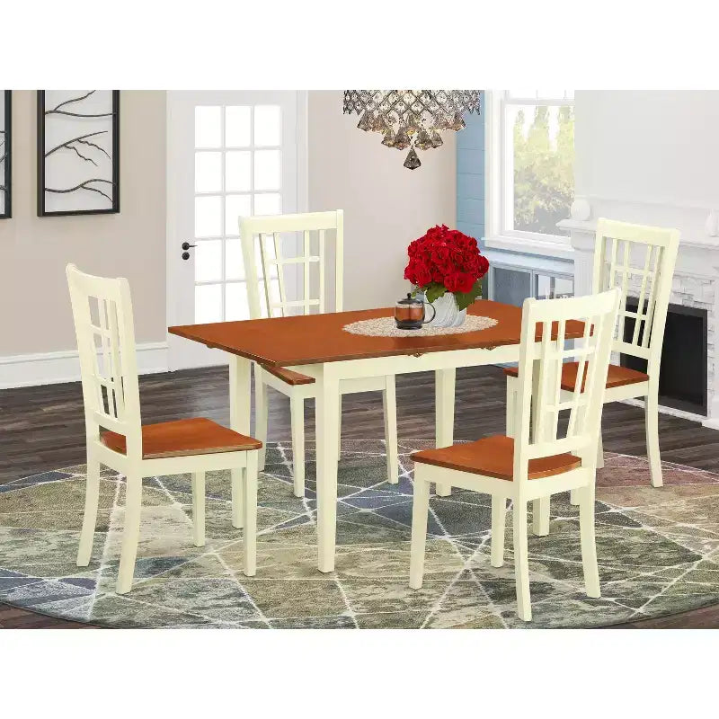 Set Tavolo da Cucina 5 Pezzi per 4 Persone - Tavolo da Pranzo Rettangolare con Prolunga a Farfalla e 4 Sedie - Finitura Buttermilk e Ciliegio