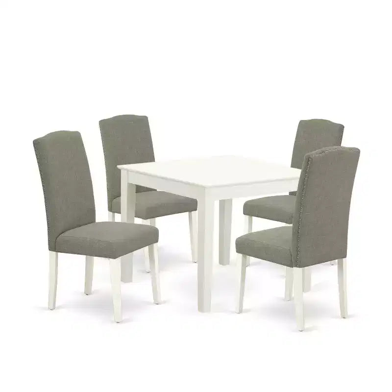 Modern 5Pc Dining Set - Square Table & 4 Chairs - Linen White Legs - Dark Shitake Fabric