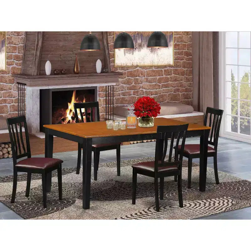 HomeStock Set da Pranzo 5 Pezzi con Piano in Legno Massello Nero e Ciliegio - Posti a Sedere per 4 Persone