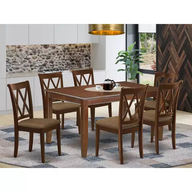 HomeStock Set Sala da Pranzo Rettangolare 7 Pezzi con Tavolo in Legno Massello Finitura Mogano e 6 Sedie con Schienale a Croce