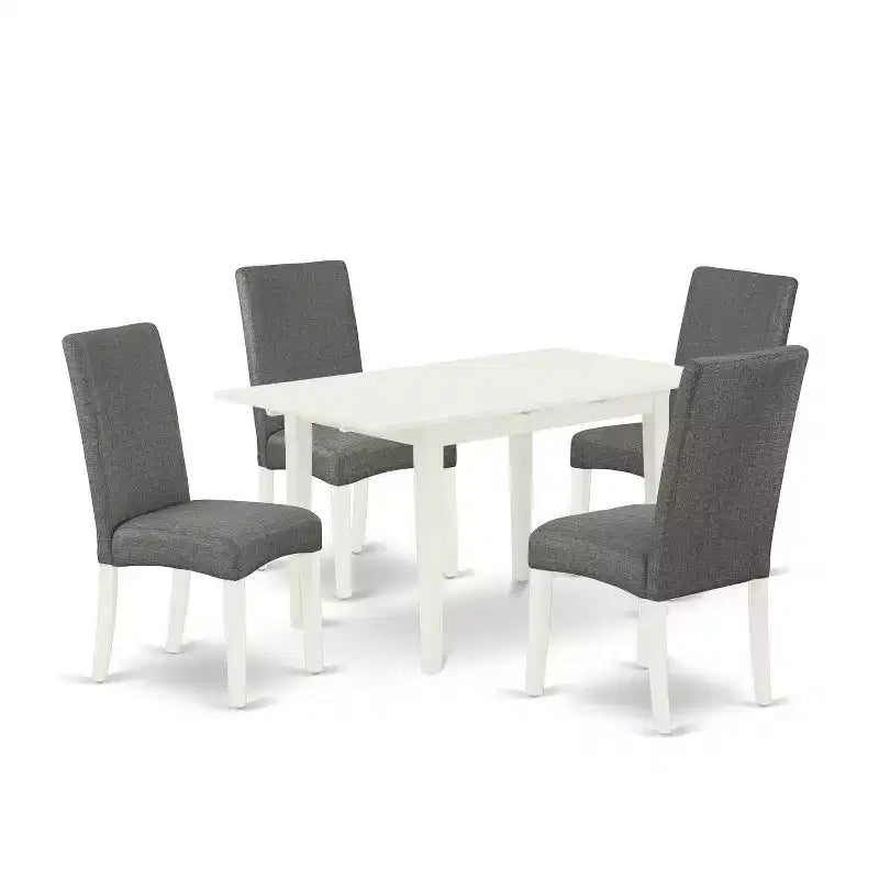 HomeStock 5-Pc Linen White Finish Solid Wood Top - Upholstered Dining Room Set with Butterfly Leaf - Seats 4