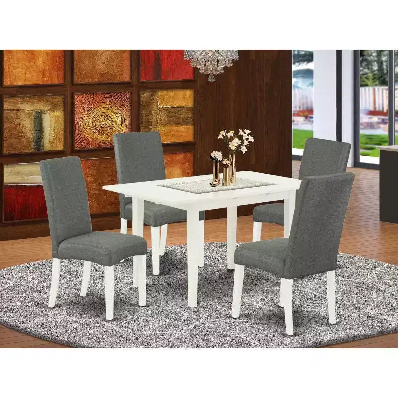 HomeStock Set da Pranzo in Legno Massello con Finitura Bianco Lino a 5 Pezzi - Rivestito con Foglia a Farfalla - Posti a Sedere per 4 Persone