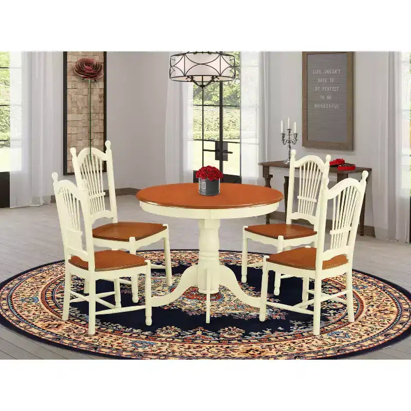 HomeStock Tavolo da pranzo rotondo 5 pezzi in legno massello con finitura color Buttermilk e Cherry e 4 sedie