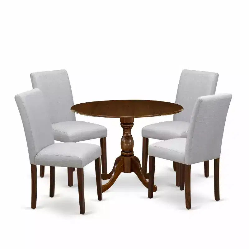 HomeStock 5-Piece Antique Walnut Finish Solid Wood Top Dining Table with 4 Parson Chair with Drop Leaf Lattice Back