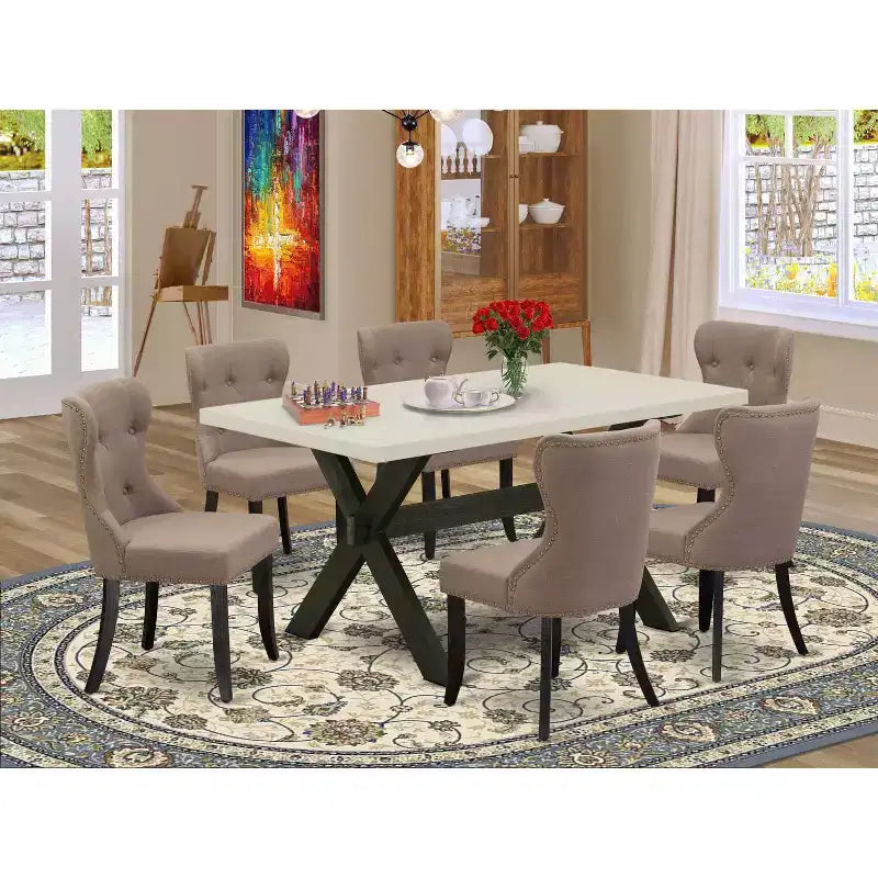 HomeStock Tavolo da Pranzo Rettangolare 7 Pezzi con Piano in Legno Massello Finitura Rovere Naturale e 6 Sedie