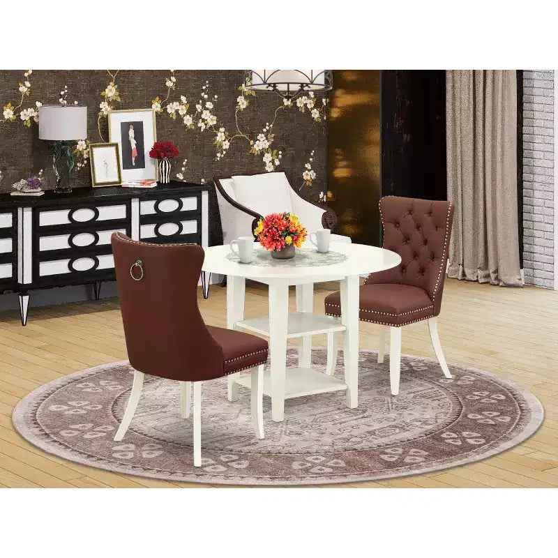 Set da pranzo HomeStock con tavolo rotondo in legno massello con piano a ribalta e finitura bianco lino, 3 pezzi