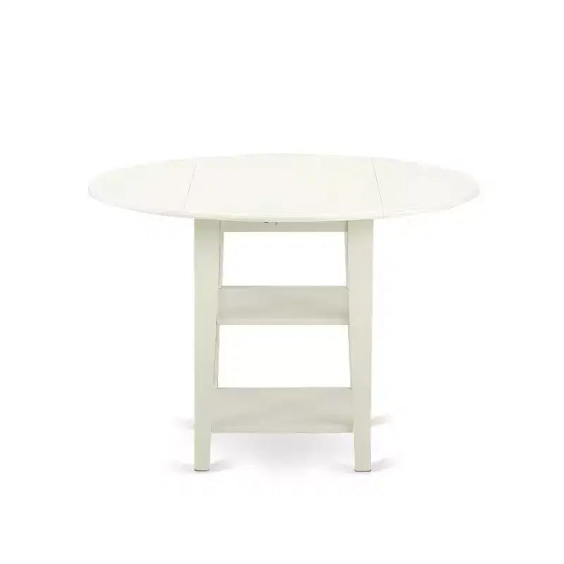 Set da pranzo HomeStock con tavolo rotondo in legno massello con piano a ribalta e finitura bianco lino, 3 pezzi