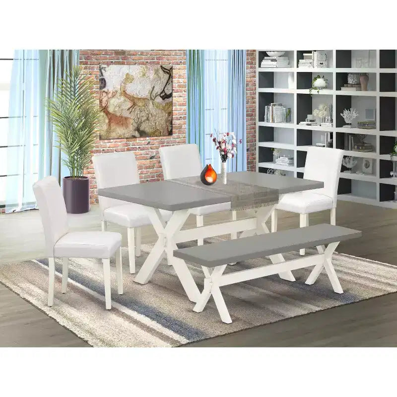 HomeStock Tavolo da pranzo 6 pezzi in legno massello con finitura rovere naturale, con 1 panca e 4 sedie