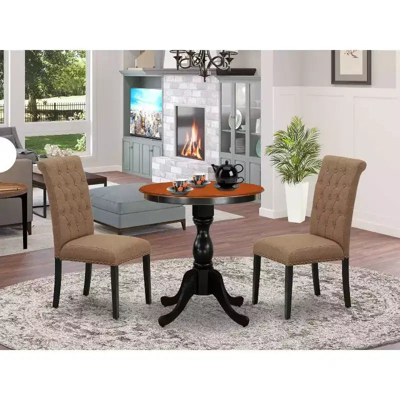 HomeStock Set da Pranzo 3 Pezzi, Top in Legno Massello Finitura Marrone Sella - Bottoni Trapuntati - 4 Posti
