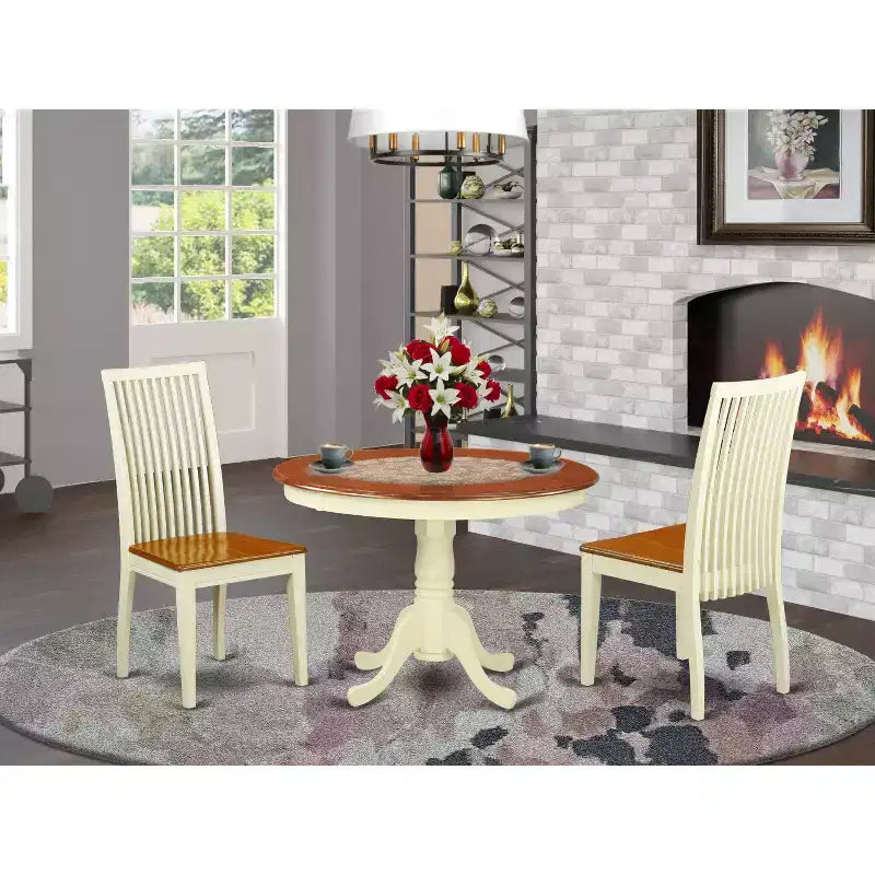 HomeStock Set da Pranzo Rotondo 3 Pezzi in Legno Massello Top Latticello e Ciliegio - 4 Posti a Sedere