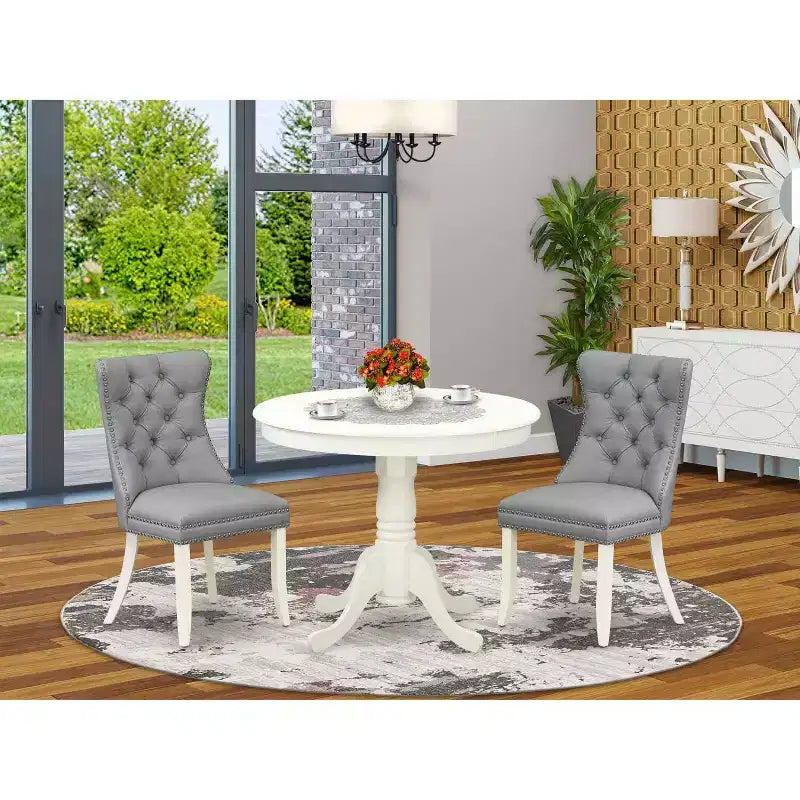 Set da pranzo rotondo imbottito a 3 pezzi in legno massello con finitura lino bianco - 4 posti