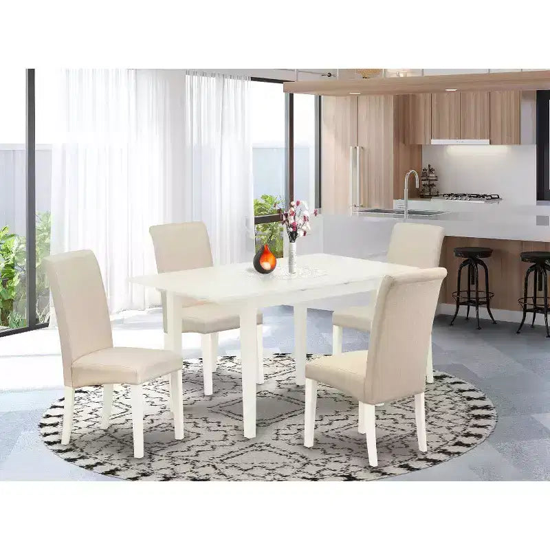 HomeStock Set da Pranzo 5 Pezzi Rettangolare Finitura Lino Bianco con Top in Legno Massello e Sedie Imbottite con Schienale Alto - Posti 4