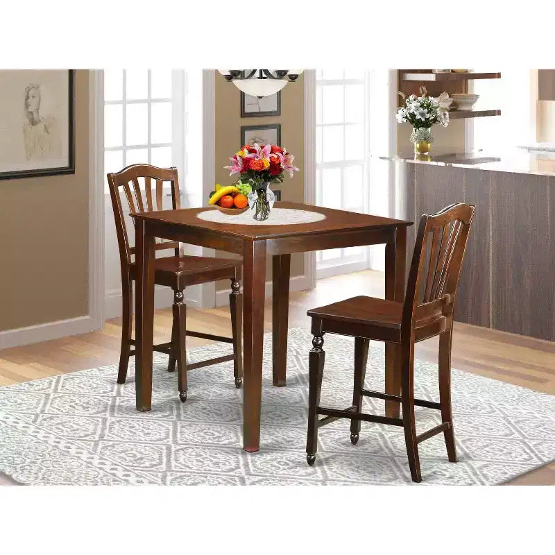 Set da pub altezza bancone - Tavolo e sedie a 3 pezzi in stile asiatico - Set da pranzo per piccoli spazi - Mogano 36x36 pollici