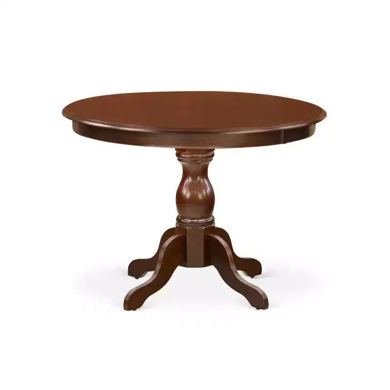 Tavolo da pranzo rotondo a 5 pezzi con piano in legno massello finitura mogano e 4 sedie Parson con