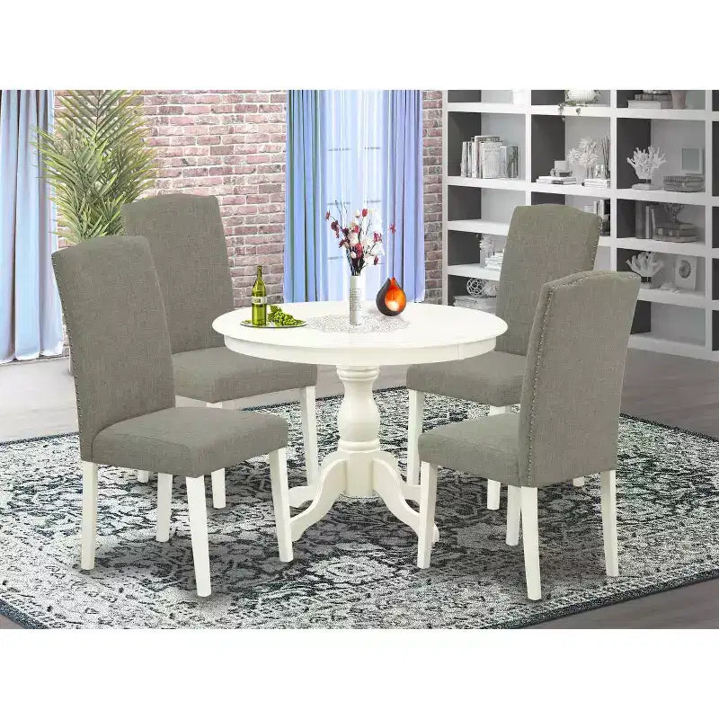 Tavolo da pranzo 5 pezzi con piano in legno massello finitura lino bianco e 4 sedie con