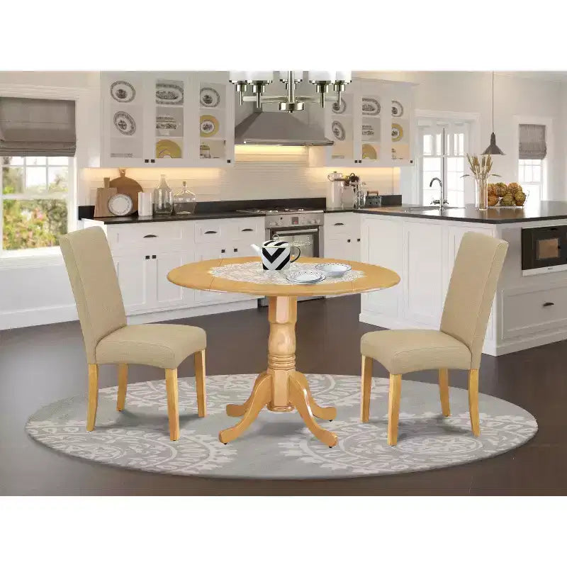 Set da pranzo con tavolo rotondo - Tavolo da 42 pollici con 2 sedie - Sedili in tessuto di lino - Gambe con finitura in rovere