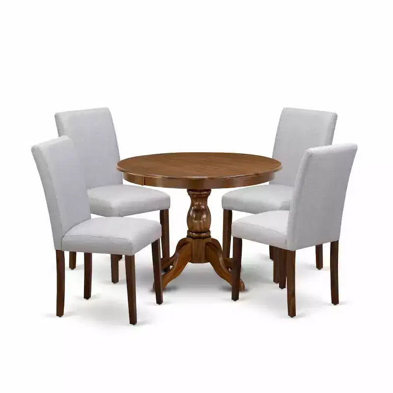 HomeStock 5-Piece Round Antique Walnut Finish Solid Wood Top Dining Table with 4 Upholstered Chairs with Slat Back
