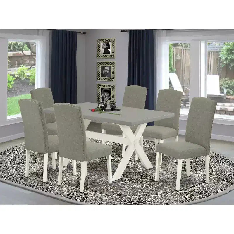 Tavolo da pranzo rettangolare in legno massello finitura rovere naturale da 7 pezzi con 6 sedie Parson con