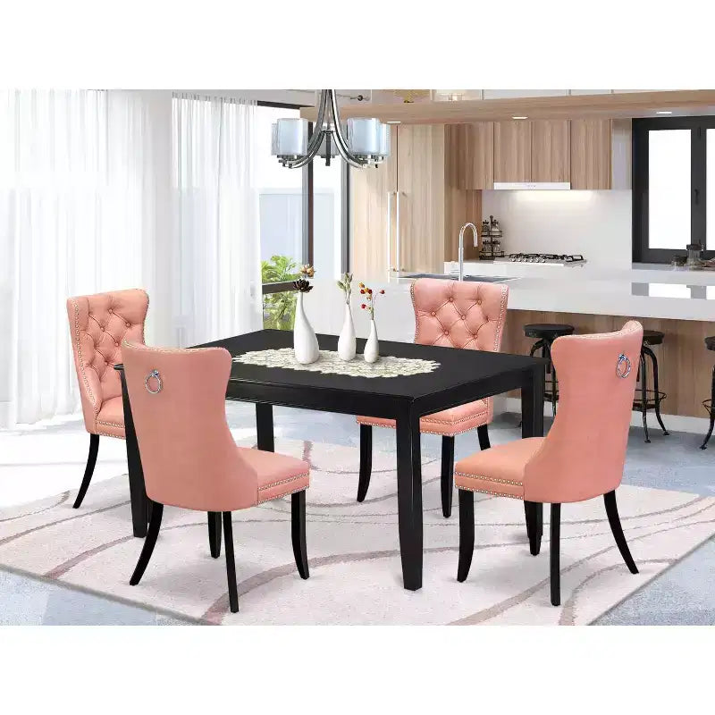 Set Sala da Pranzo Rettangolare Imbottito con Piano in Legno Massello Finitura Nera - 5 Pezzi (4 Posti)