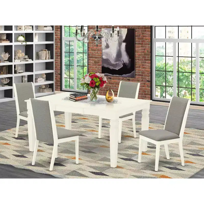 HomeStock Tavolo da pranzo rettangolare a 5 pezzi in legno massello con finitura color crema e ciliegio, con 4 sedie e prolunga a farfalla