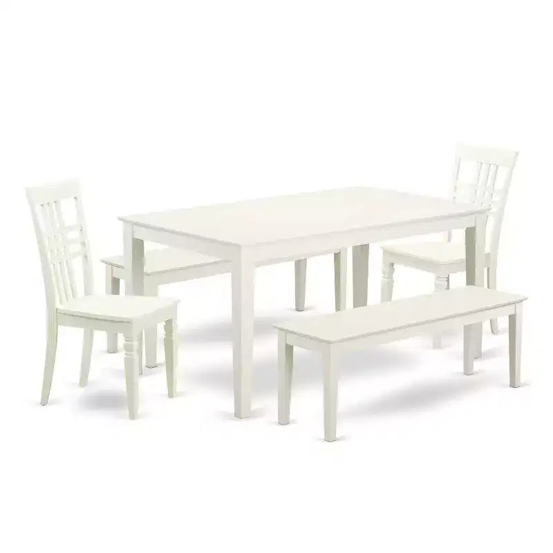 HomeStock 5-Piece Rectangle Linen White Finish Solid Wood Top Dining Table with 2 Benches, 2 Chairs
