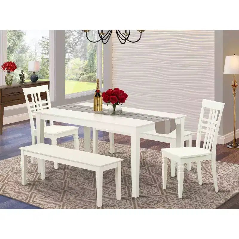 HomeStock Set 5 Pezzi Tavolo da Pranzo Rettangolare Finitura Lino Bianco con Piano in Legno Massello, 2 Panche, 2 Sedie