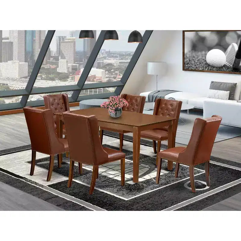 Tavolo da pranzo rettangolare HomeStock 7 pezzi con piano in legno massello finitura mogano e 6 sedie