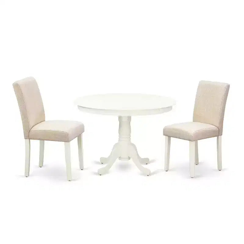 Vintage Round Kitchen Table Set - 3pc Table & 2 Chairs - Linen White Legs - Light Beige Fabric