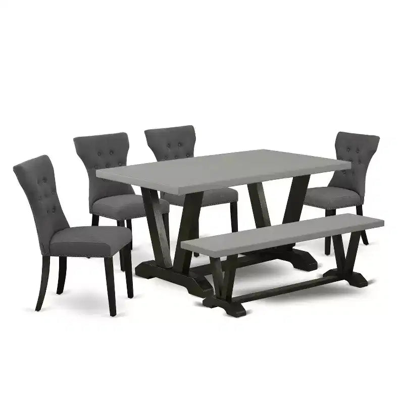 HomeStock 6-Pc Rectangle Natural Oak Finish Solid Wood Top Dining Table with 1-Bench, 4-Chairs