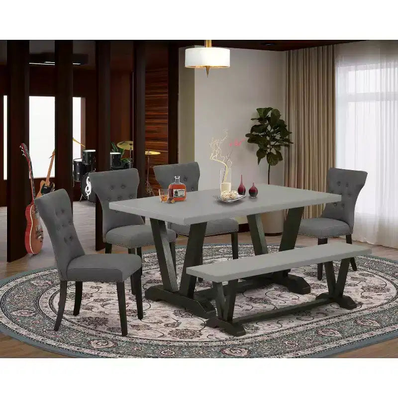 Tavolo da pranzo HomeStock 6 pezzi con piano rettangolare in legno massello finitura rovere naturale, 1 panca, 4 sedie