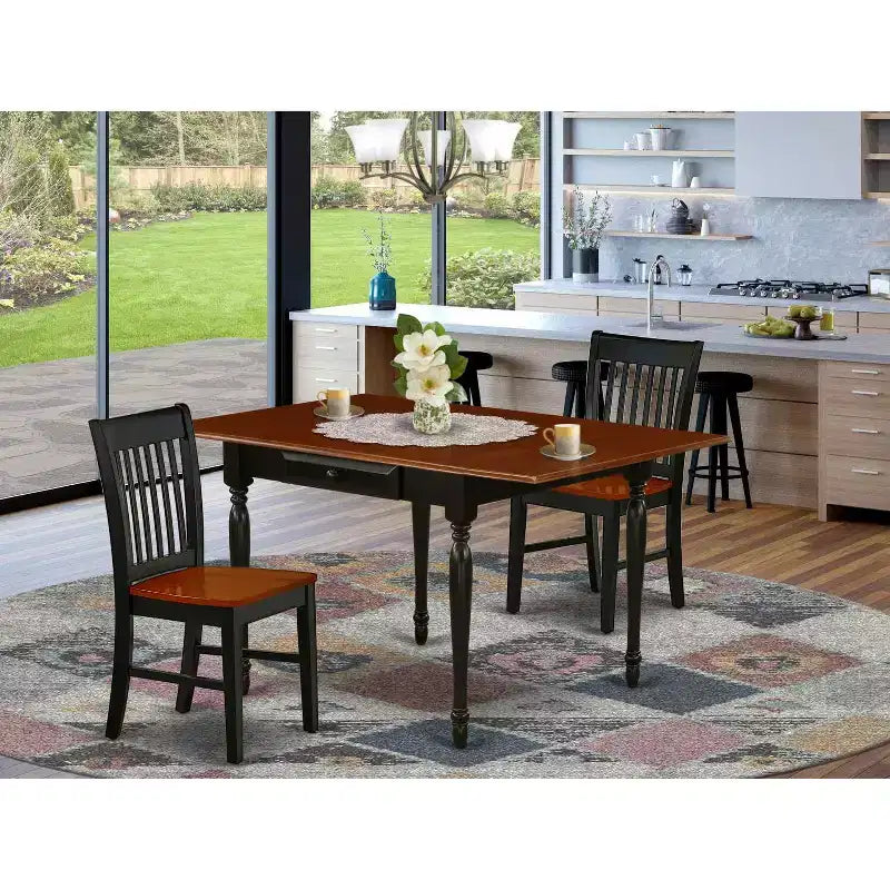 Set da pranzo HomeStock 3 pezzi con tavolo con parte superiore in legno massiccio finitura nera e color ciliegio con ribalta