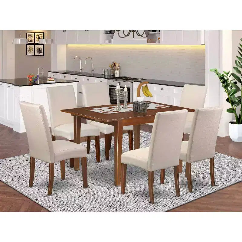 Tavolo da pranzo HomeStock rettangolare in legno massello con finitura mogano, 7 pezzi, con 6 sedie Parson