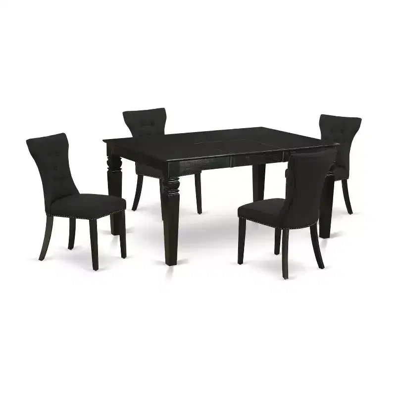 HomeStock 5-Piece Rectangle Black Finish Solid Wood Top Dining Table with 4 Parson Chair with Butterfly Leaf