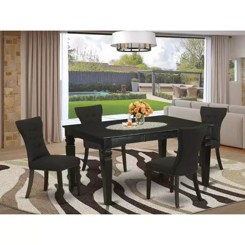 HomeStock Set Sala da Pranzo 5 Pezzi: Tavolo Rettangolare con Piano in Legno Massello Finitura Nera e 4 Sedie Parson con Prolunga a Farfalla