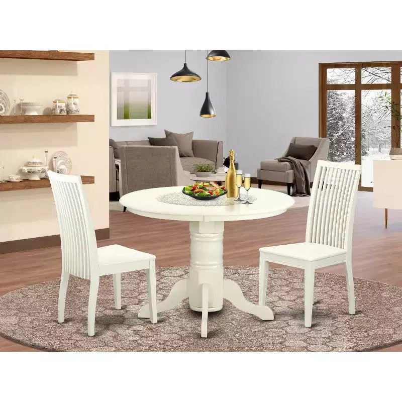 HomeStock Set da pranzo 3 pezzi con piano in legno massello con finitura lino bianco - Set da pranzo rotondo - 4 posti
