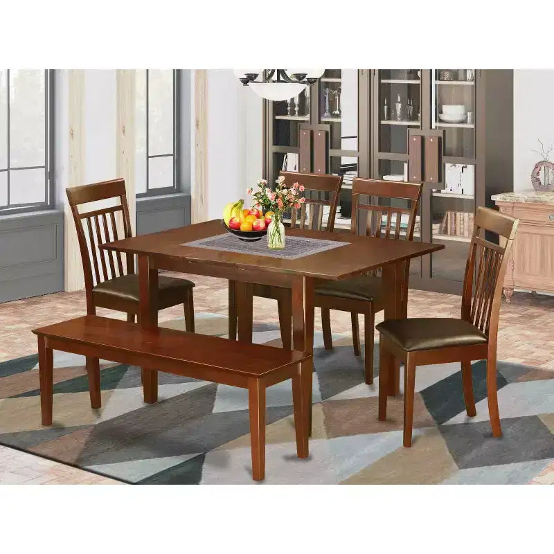 Set da pranzo moderno di 6 pezzi - Tavolo in legno e sedie in similpelle - Panca inclusa - 81x152 cm