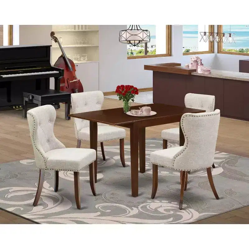 Set da pranzo 5 pezzi per 4 persone - Piano in legno massello con finitura mogano