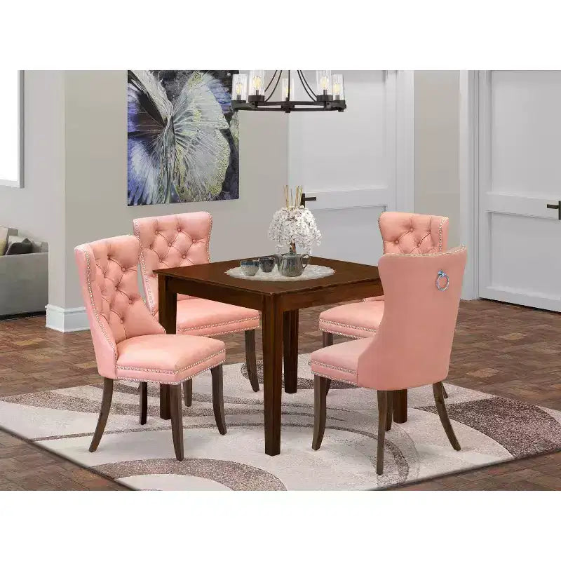 Set da pranzo 5 pezzi in legno massello con finitura noce antico - Top quadrato rivestito - 4 posti