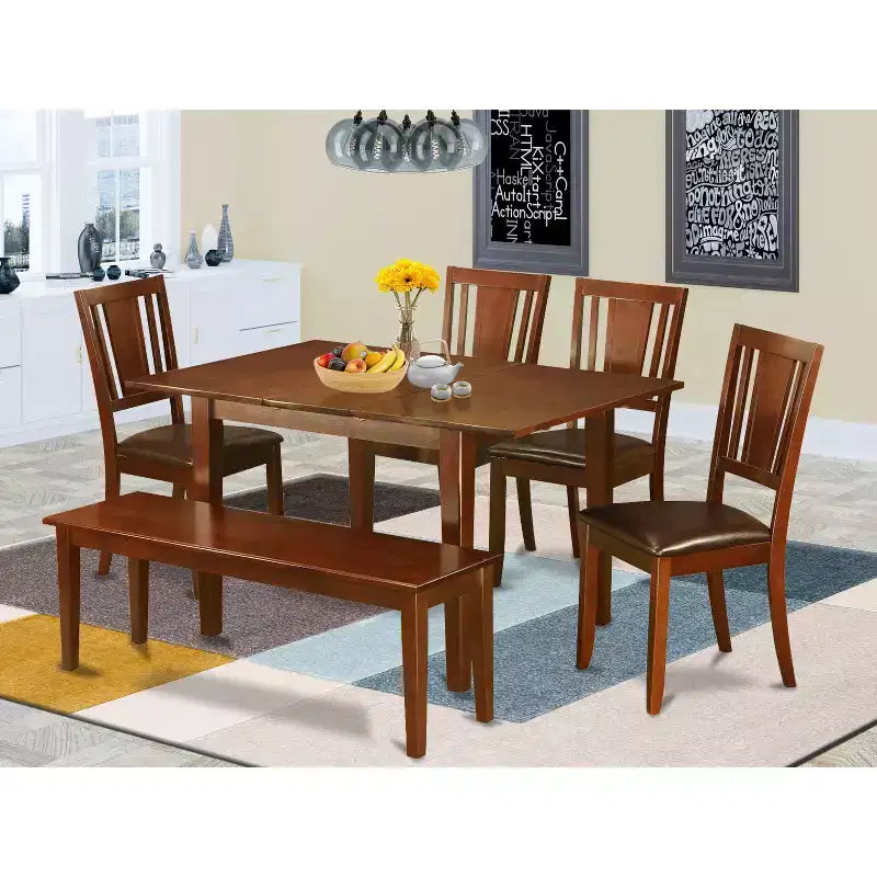 Set da pranzo da 5 pezzi per 4 persone, tavolo da cucina rettangolare con allunga a farfalla e 4 sedie, finitura mogano, 32x60 pollici