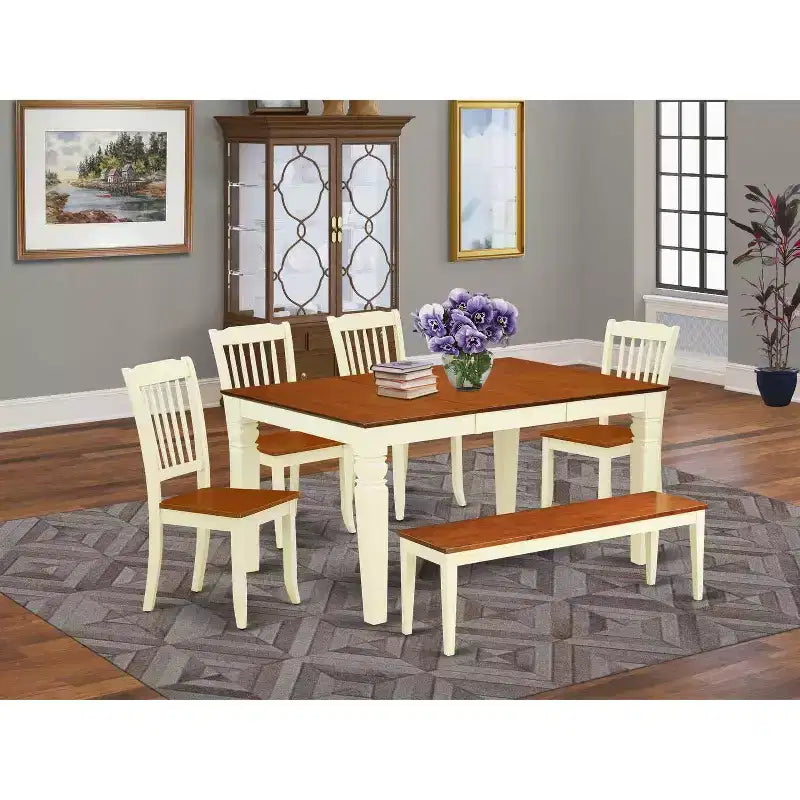 Set da Pranzo Boho da Spiaggia - Tavolo Rettangolare da 6 Pezzi e 4 Sedie Più Panca - 42/60 Pollici