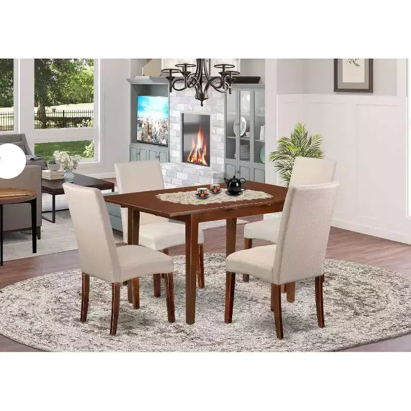 Set tavolo da cucina rettangolare 5 pezzi - Tavolo 122/152 cm con prolunga a farfalla e 4 sedie - Tessuto lino crema