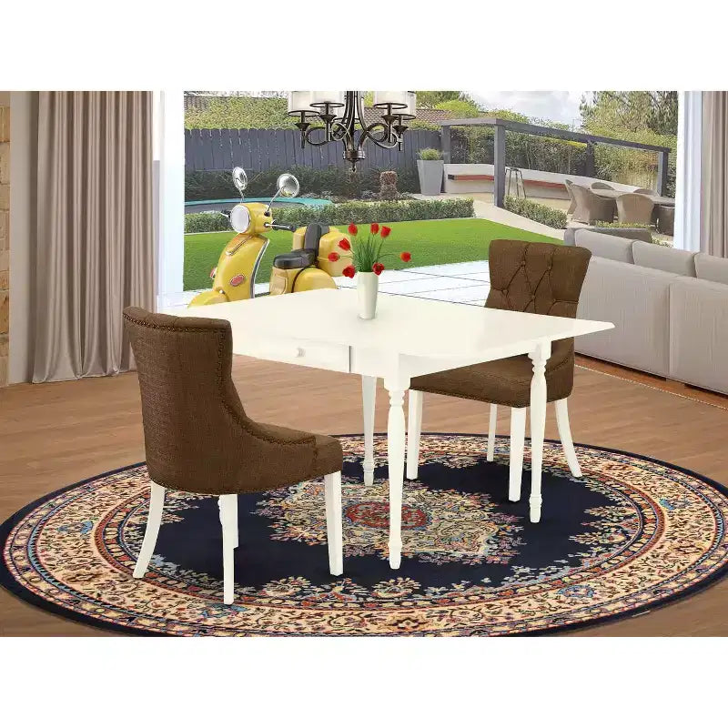 Set tavolo da pranzo HomeStock 3 pezzi con piano in legno massello con finitura bianca in lino e ribalta