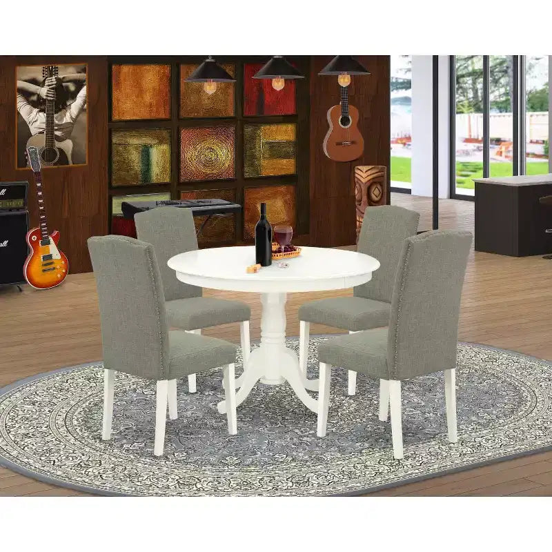 Set da pranzo rotondo 5 pezzi - Tavolo da 42 pollici e 4 sedie - Set cucina moderno - Gambe bianche lino - Tessuto Dark Shitake