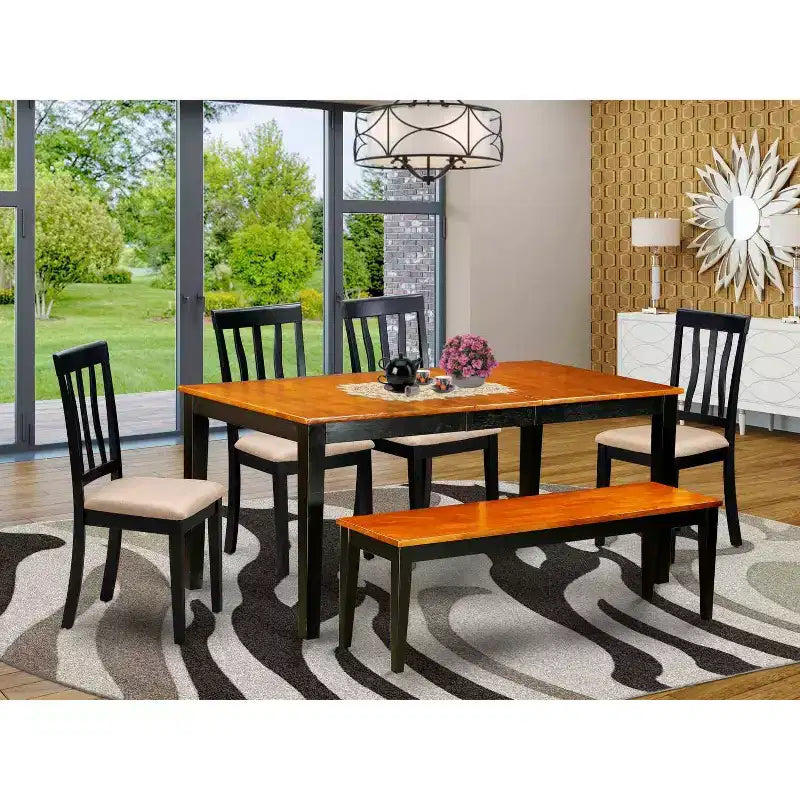 Set da pranzo nordico - Set da 6 pezzi tavolo e sedie da cucina - Finitura ciliegio nero - Tavolo rettangolare con panca