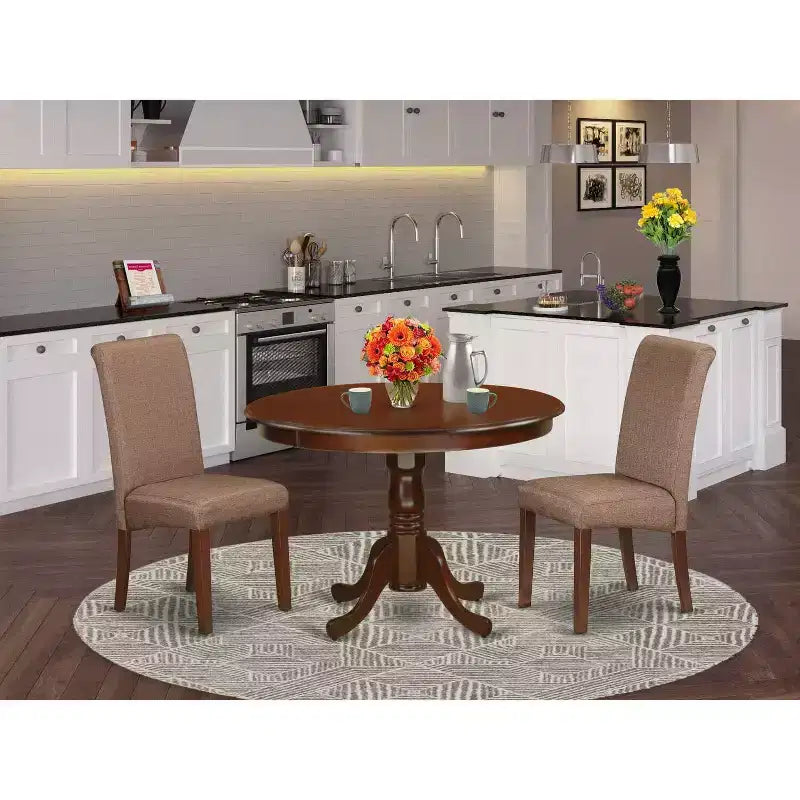 Set Tavolo Rotondo da Pranzo 3pz Tavolo da Cucina Piccolo con Sedie in Lino - HomeStock
