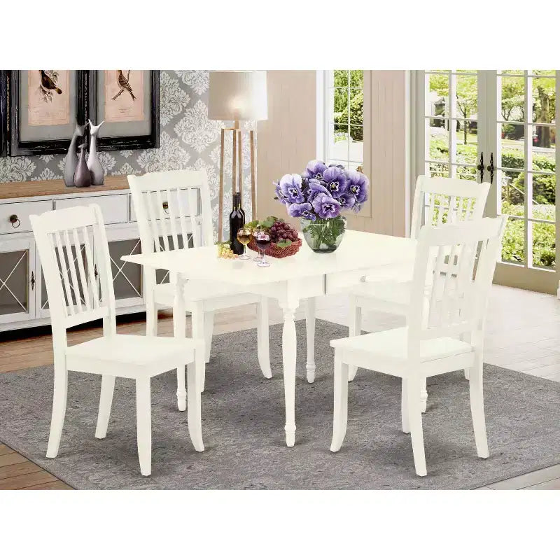 HomeStock Set da pranzo in 5 pezzi, finitura bianco lino, piano in legno massello - Con alette a ribalta - 4 posti