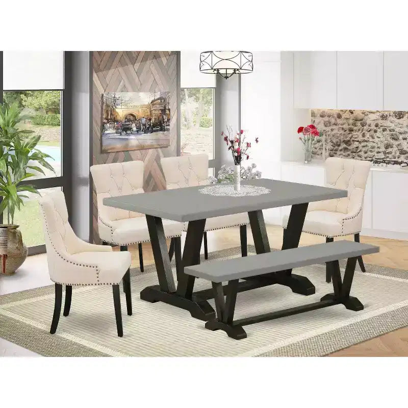HomeStock - Tavolo da pranzo rettangolare a 6 posti in legno massello con finitura in rovere naturale, con 1 panca e 4 sedie