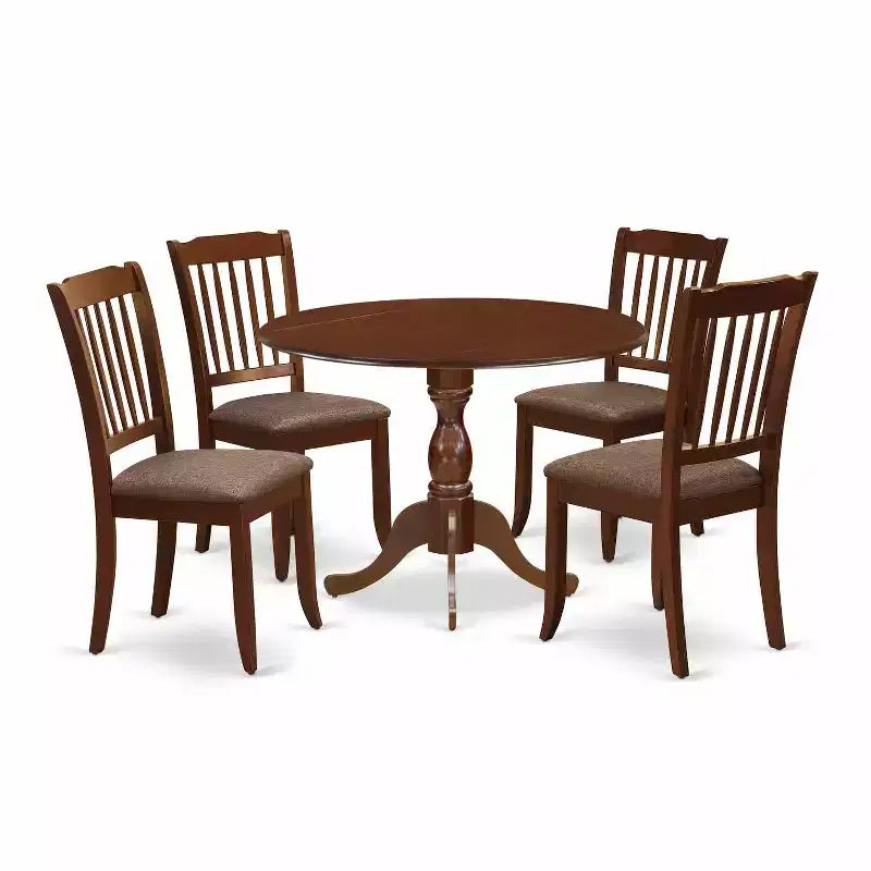 HomeStock 5-Piece Mahogany Finish Solid Wood Top Dining table with 4 Chairs with Drop Leaf Slat Back
