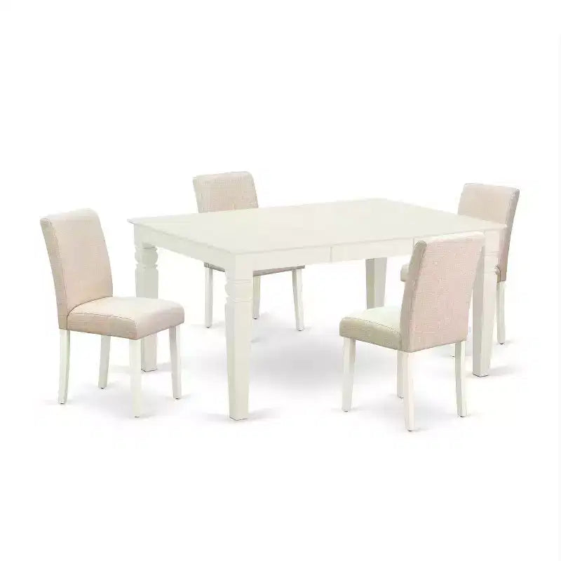 Rectangle Kitchen Dining Table Set - 5pc Table & 4 Chairs - Linen White Legs - Light Beige Fabric