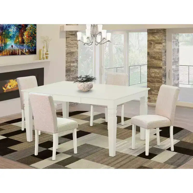 Set Tavolo da Pranzo Rettangolare da Cucina - Tavolo da 5 pezzi e 4 sedie - Gambe Bianco Lino - Tessuto Beige Chiaro